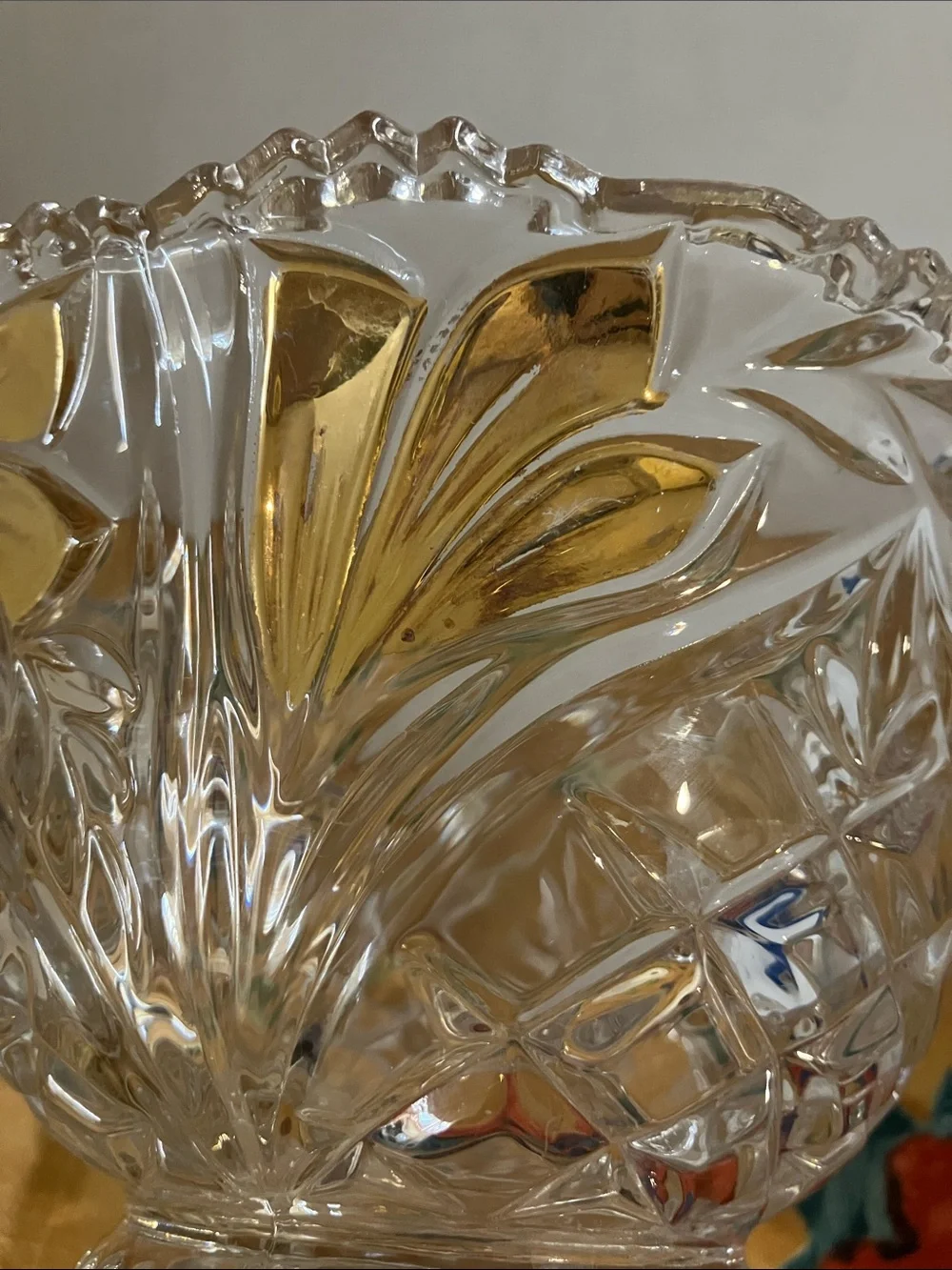 Clear Cut Glass Decorative Bowl with Gold Accents